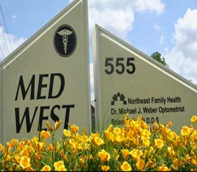 Med West Eyecare front sign in Westerville Ohio 555 Shrock Rd.